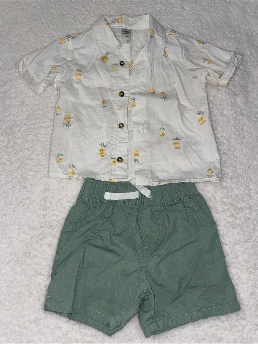 Carter's White Pineapple Button-Up Top with Sage Green Shorts